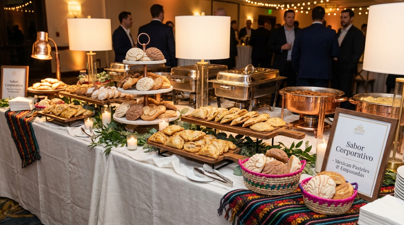 Catering service display with assorted baked goods